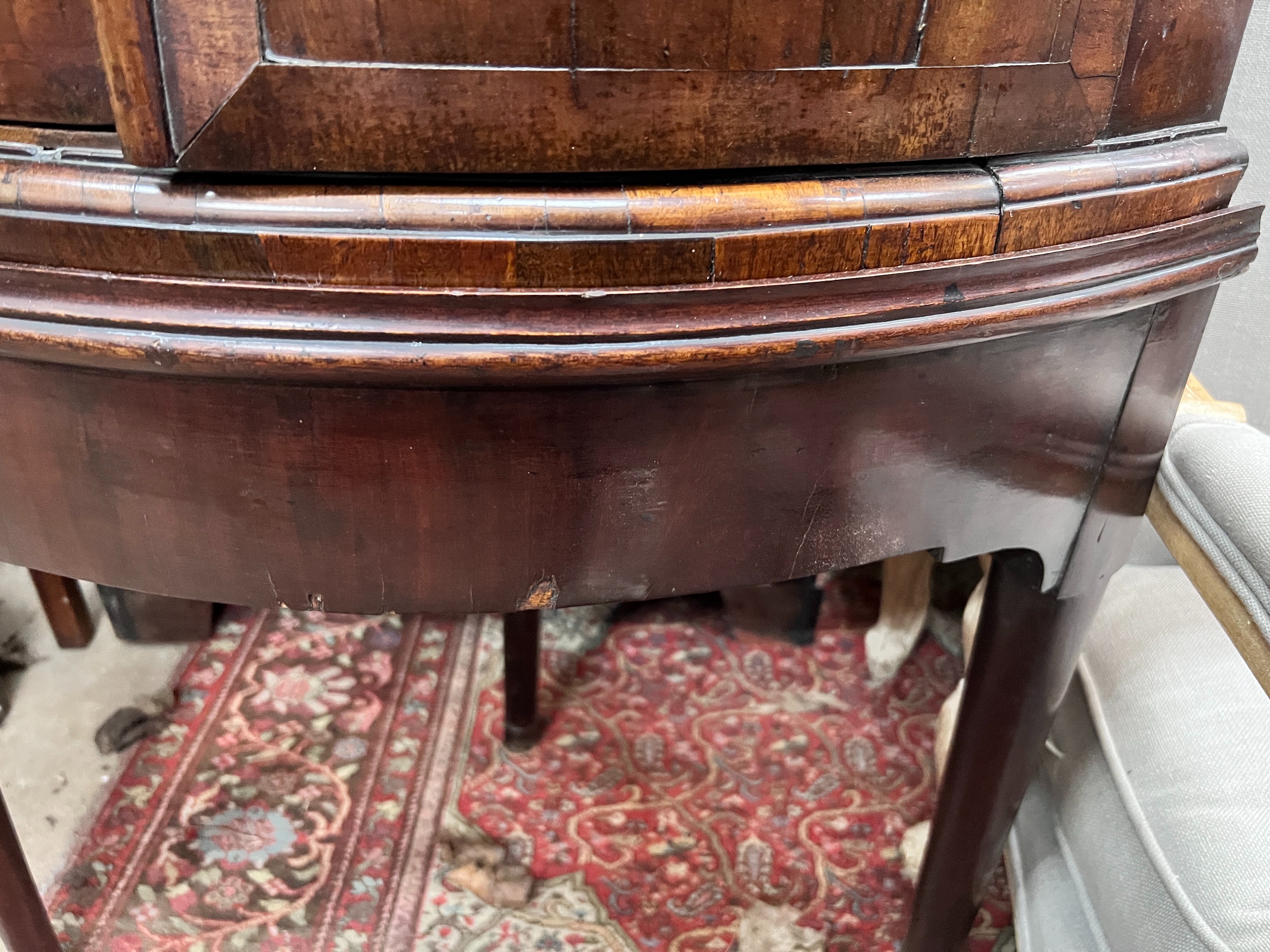 A George III mahogany bowfront corner cabinet on stand, width 72cm, depth 50cm, height 167cm *Please note the sale commences at 9am.